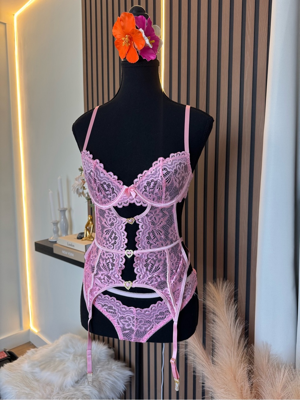 Pink Lace Garter Lingerie Set